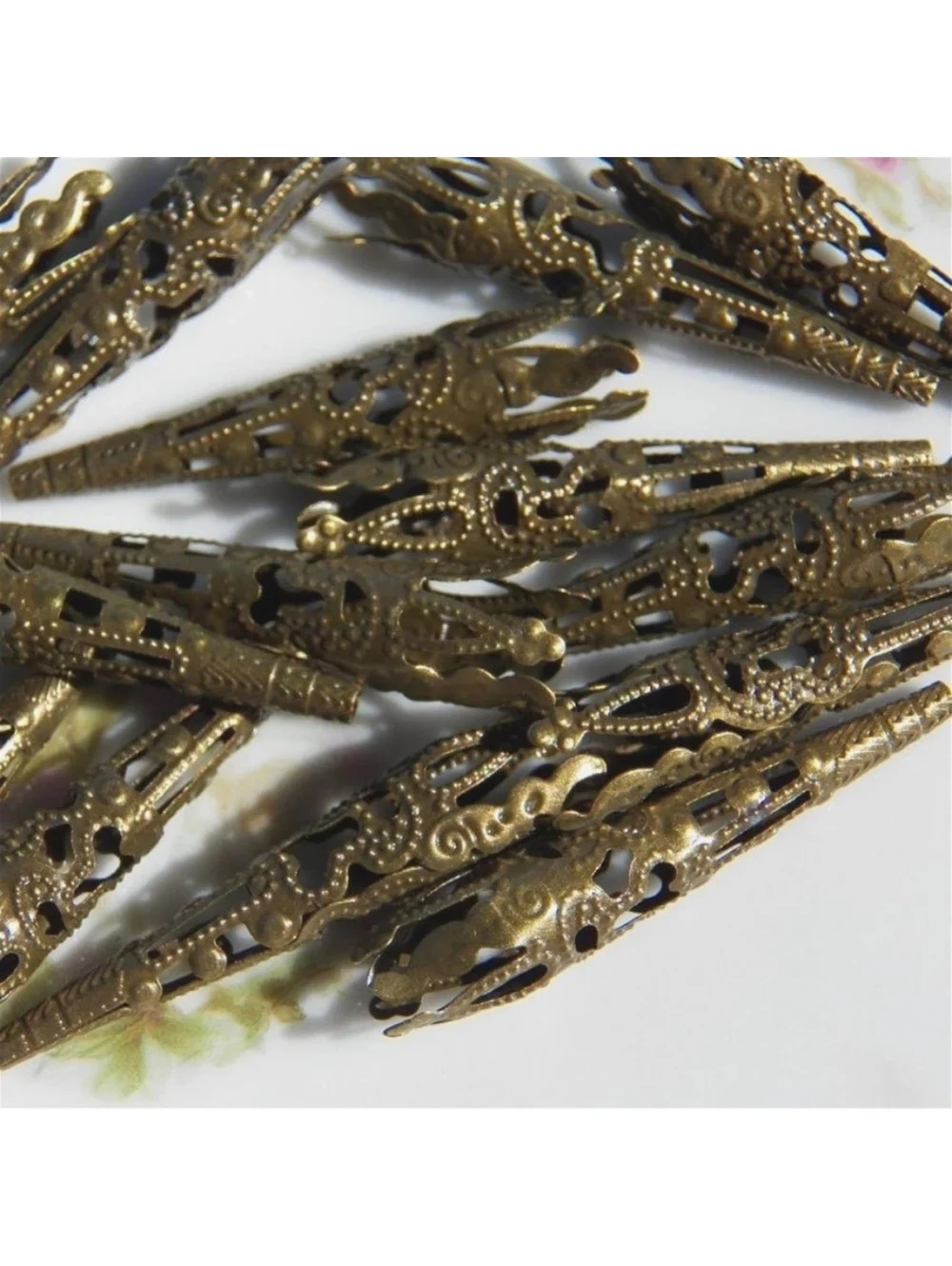Bronze Antique Brass Victorian Style Long Cutout Filigree Cones Bead Caps 10 pcs